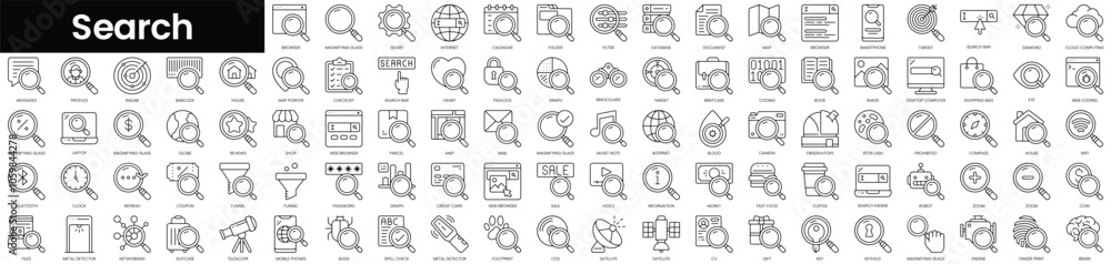 Poster set of outline search icons. minimalist thin linear web icon set. vector illustration.