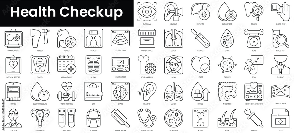 Poster set of outline health checkup icons. minimalist thin linear web icon set. vector illustration.