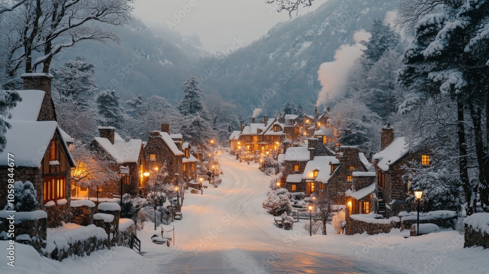 Aufkleber a charming village blanketed in snow shows warmly lit homes lining a winding road. the serene atmosp