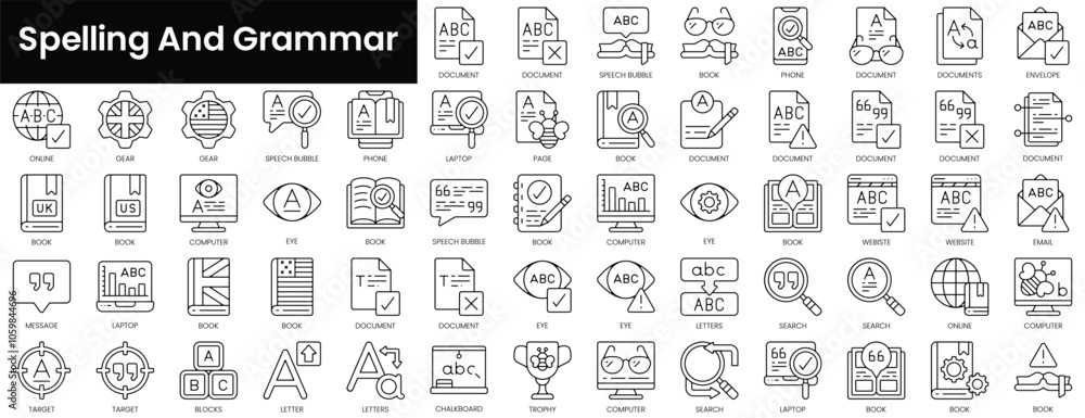 Poster set of outline spelling and grammar icons. minimalist thin linear web icon set. vector illustration.