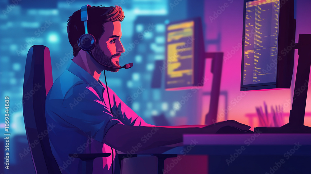 Poster a focused programmer coding in a dark office with vibrant computer screens at night