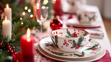 Fototapeta premium Christmas table setting with red and white tablecloth, white bowl, red candle, white plate, festive decor.