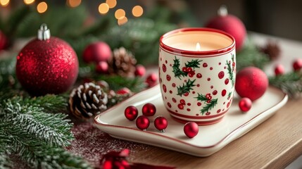 Fototapeta premium Candle in cup surrounded by Christmas decorations, warm glow, festive holiday scene, cozy winter ambiance.