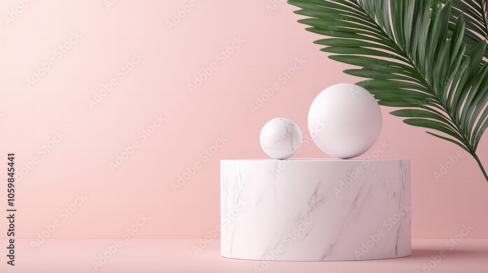 Poster minimalist display of geometric shapes and greenery on a soft pink background