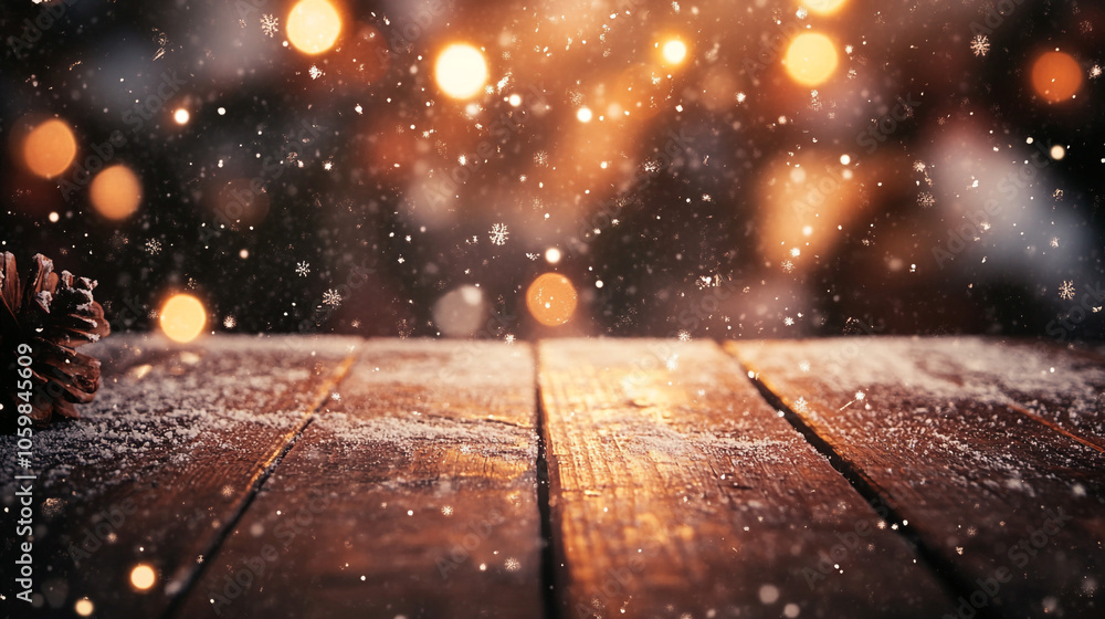 Poster a serene winter atmosphere featuring gentle snowfall and warm bokeh lights illuminating a rustic woo
