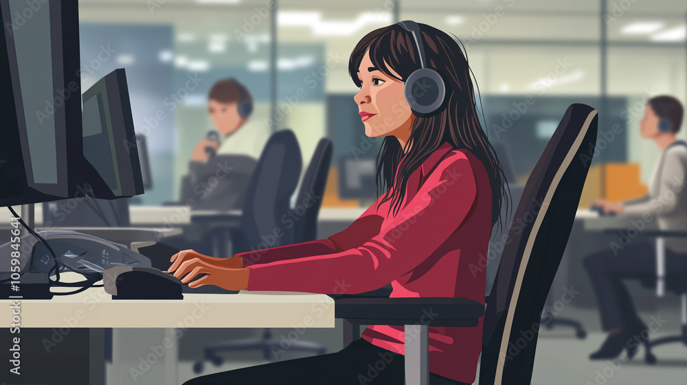 Aufkleber woman working in a modern office with headphones on while using a computer in a busy workspace
