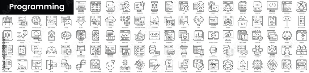 Poster set of outline programming icons. minimalist thin linear web icon set. vector illustration.