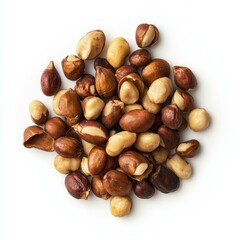 Fototapeta premium Assorted nuts on white surface, including almonds, walnuts, cashews, and hazelnuts, arranged in neat pile.