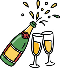 Champagne Bottle Popping with Toasting Glasses Vector Illustration