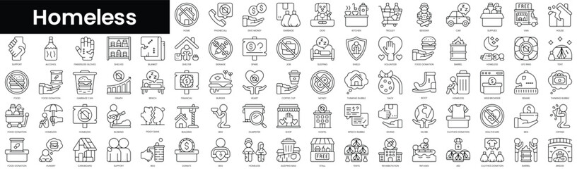 Set of outline homeless icons. Minimalist thin linear web icon set. vector illustration.