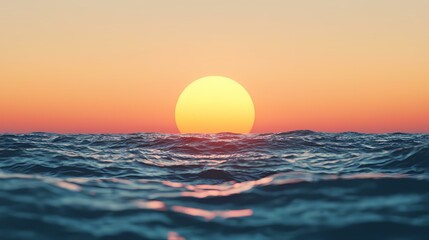 Obraz premium A large, bright sun sets over a dark blue ocean, casting a warm glow on the waves.