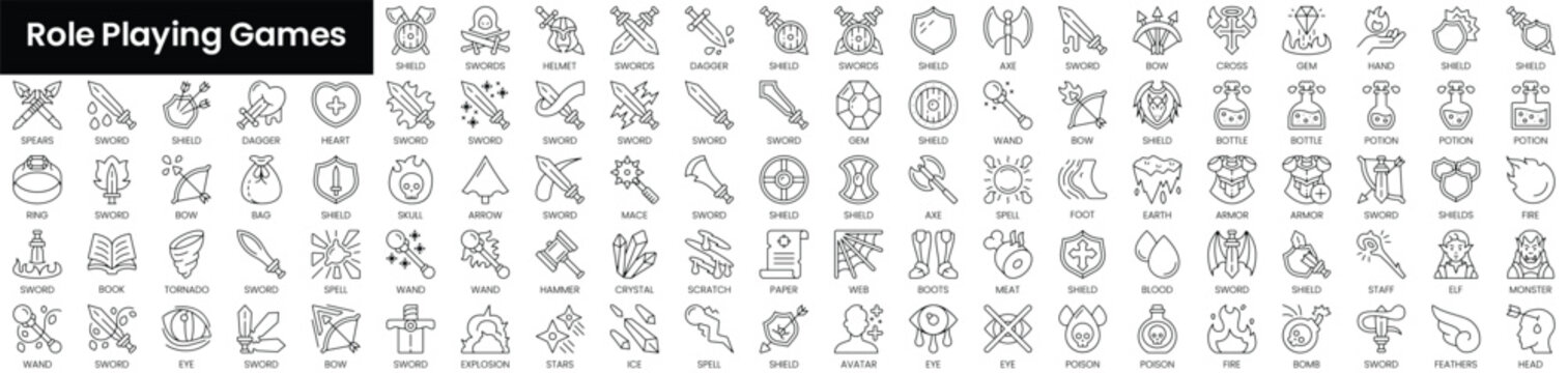Set of outline role playing games icons. Minimalist thin linear web icon set. vector illustration.