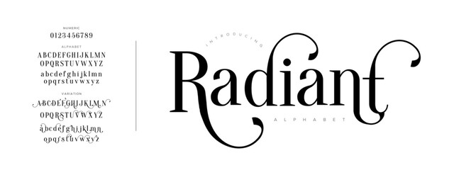 Radiant typography beauty fashion elegant minimalist serif italic fonts decorative wedding vintage retro logos. Minimal luxury font alphabet logo. Vector illustration