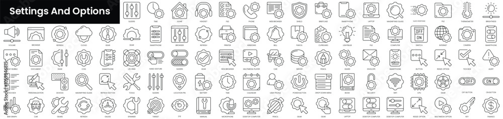 Aufkleber set of outline settings and options icons. minimalist thin linear web icon set. vector illustration.