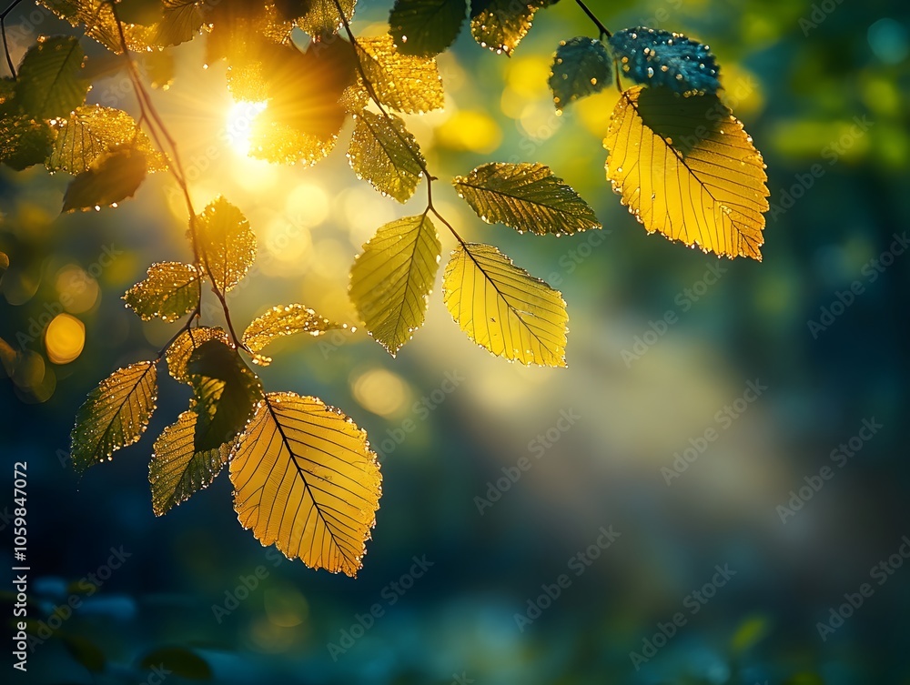 Poster sunlight filtering through dew-covered leaves in a serene forest setting.