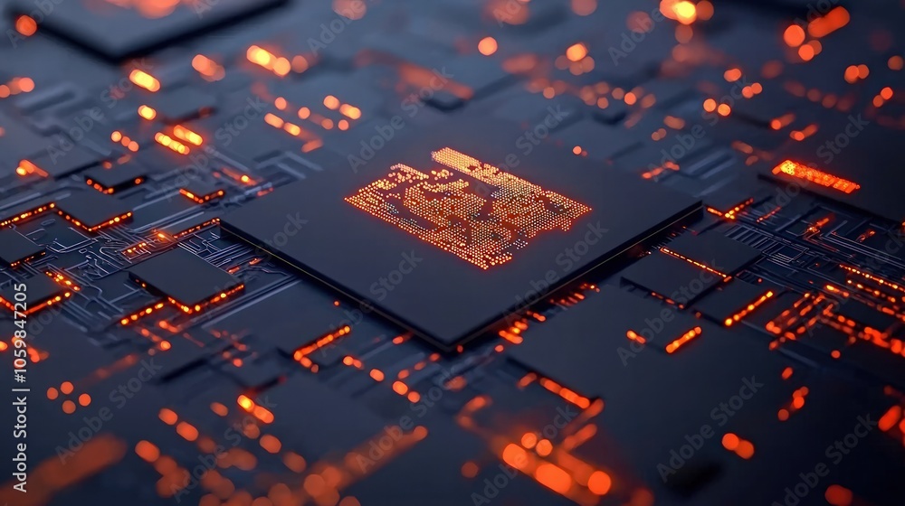 Poster intricate digital circuitry illuminated by vibrant orange patterns in a futuristic design