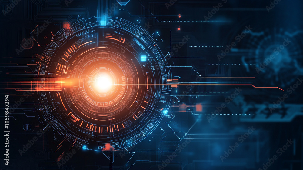 Poster futuristic digital interface design with glowing elements and dynamic lines in a dark environment