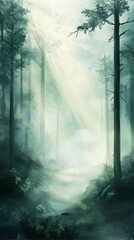Fototapeta premium Sun rays piercing through a foggy forest, casting a serene glow in muted greens and grays.