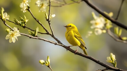 Yellow Bird on a Branch with Flowers