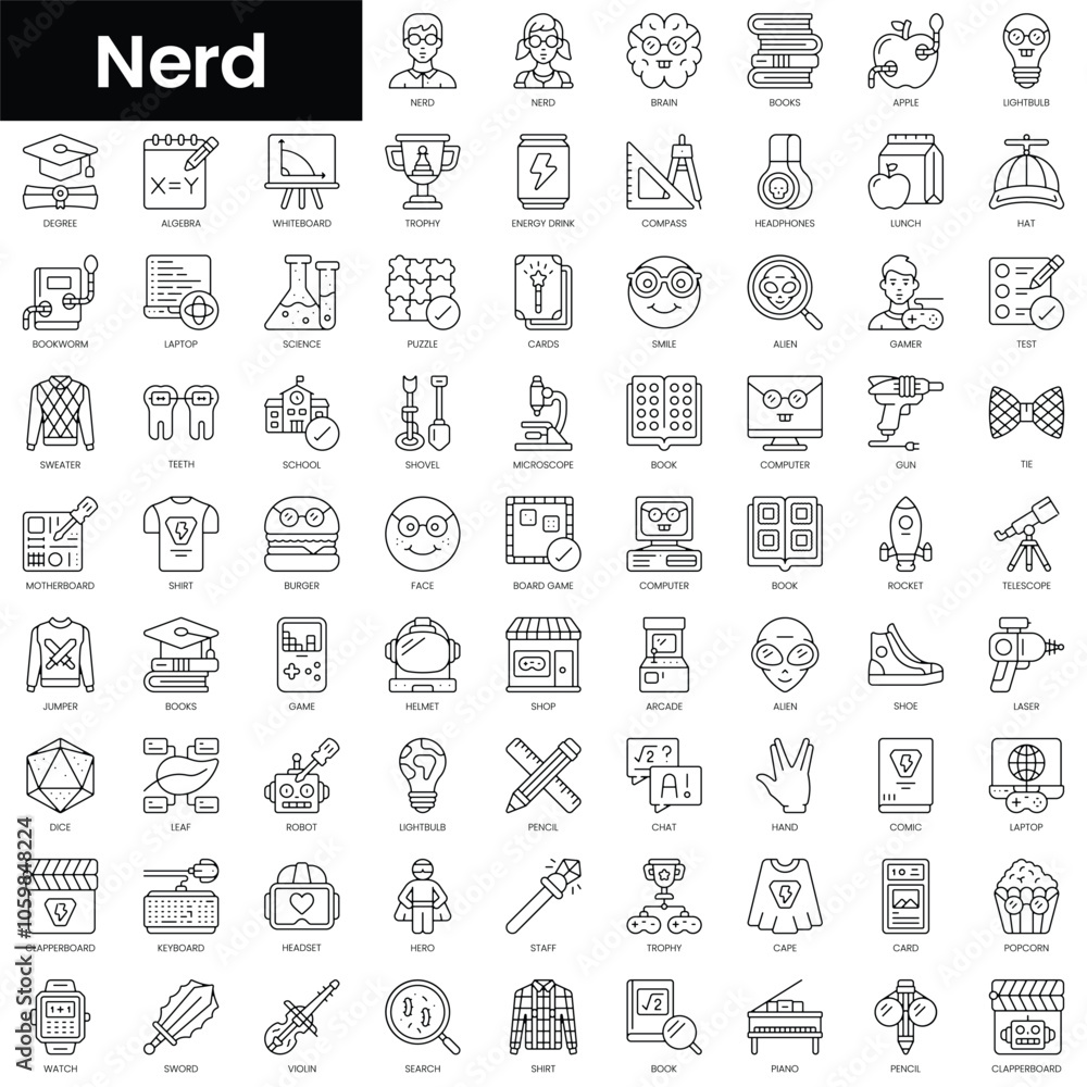 Poster set of outline nerd icons. minimalist thin linear web icon set. vector illustration.