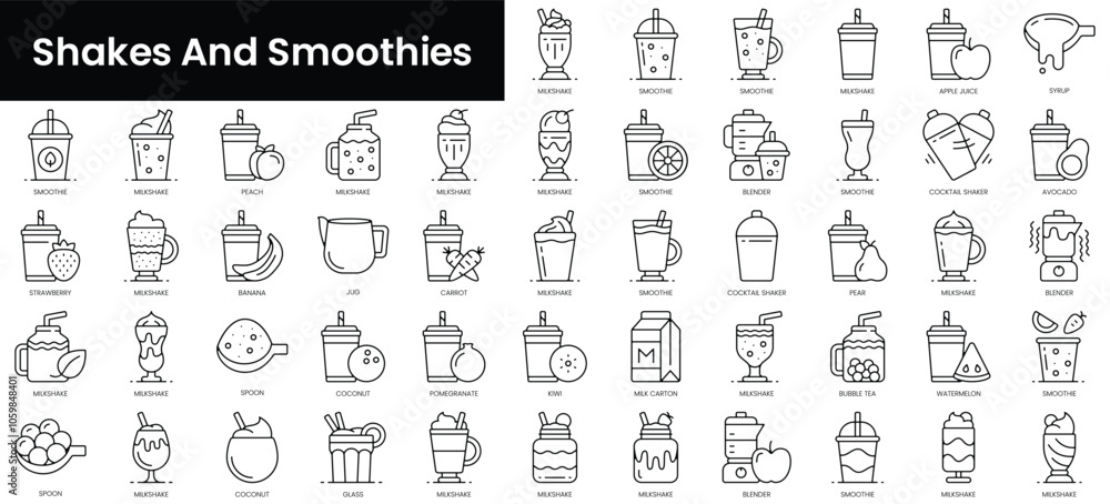 Poster set of outline shakes and smoothies icons. minimalist thin linear web icon set. vector illustration.