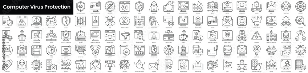 Aufkleber set of outline computer virus protection icons. minimalist thin linear web icon set. vector illustra