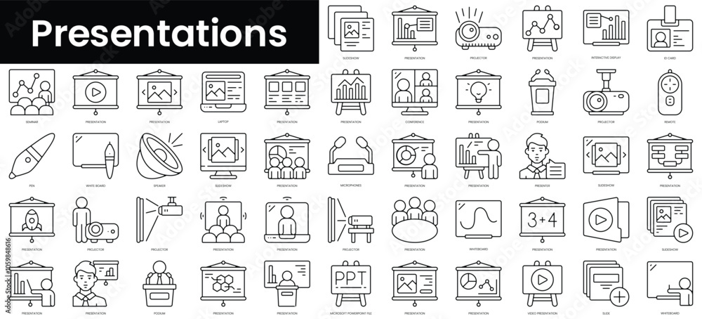 Poster set of outline presentations icons. minimalist thin linear web icon set. vector illustration.