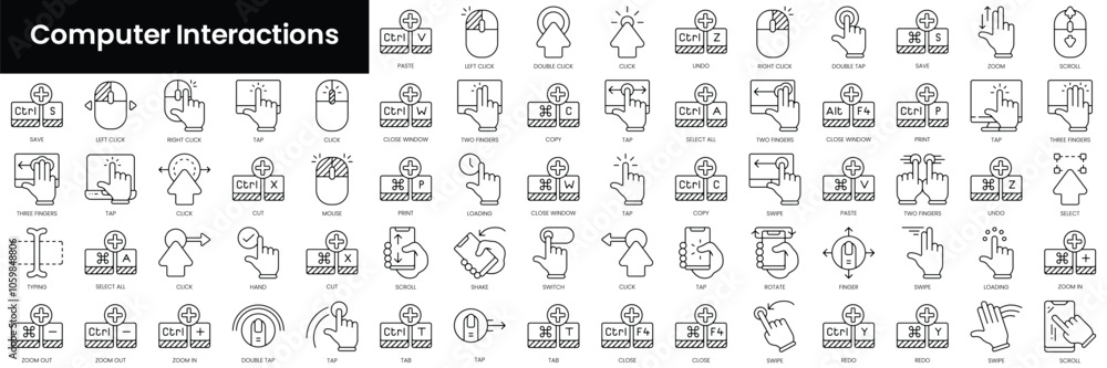 Poster set of outline computer interactions icons. minimalist thin linear web icon set. vector illustration