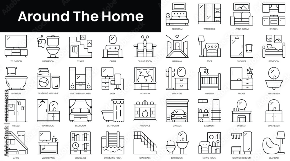 Poster set of outline around the home icons. minimalist thin linear web icon set. vector illustration.
