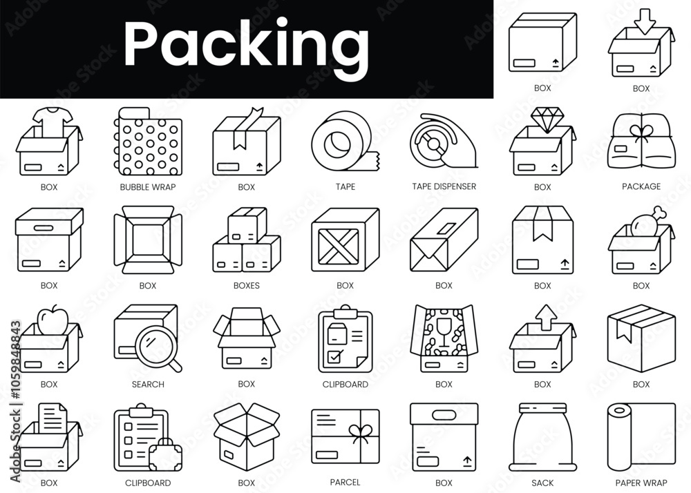 Poster set of outline packing icons. minimalist thin linear web icon set. vector illustration.