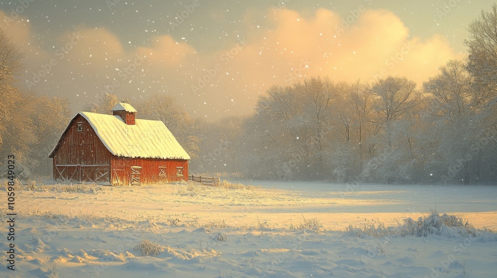 Aufkleber snowflakes gently fall on a vibrant red barn surrounded by a serene winter landscape, while soft pas