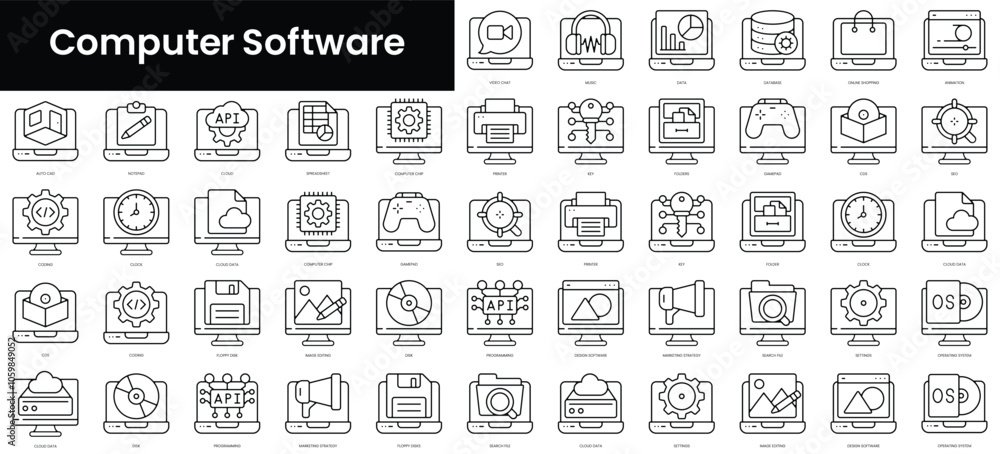Poster set of outline computer software icons. minimalist thin linear web icon set. vector illustration.