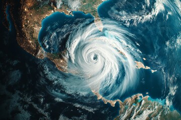 Aerial satellite view of a powerful hurricane storm swirling clouds over the Gulf of Mexico at night