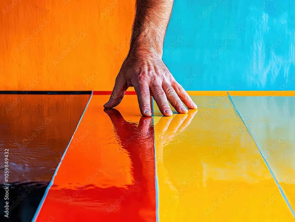 Poster exploring the vibrant interaction between hand and colorful surfaces in artistic expression