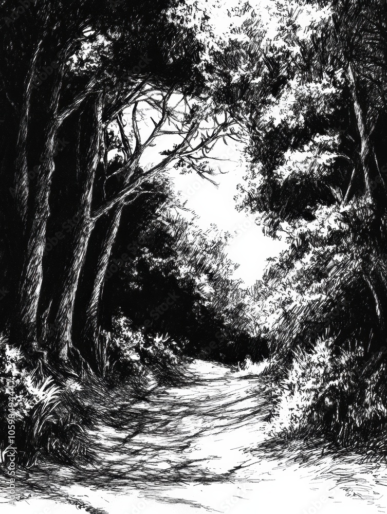 Poster a detailed forest pathway emerges through tall trees, showcasing intricate shadows and sunlight filt