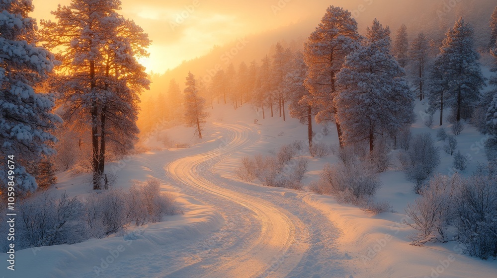 Aufkleber a beautiful winding path cuts through the snow-laden pine trees, illuminated by the warm glow of the