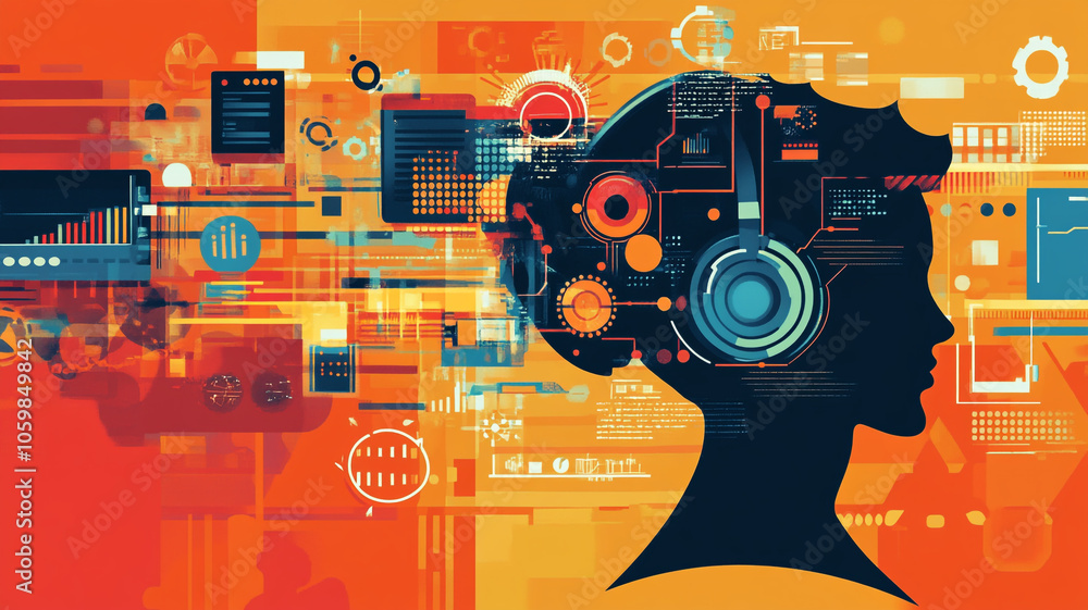 Poster tech and data visualization with a human silhouette on an orange background