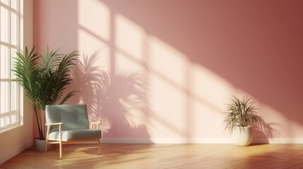 Minimalist Living Room with Pink Wall and Sunlight