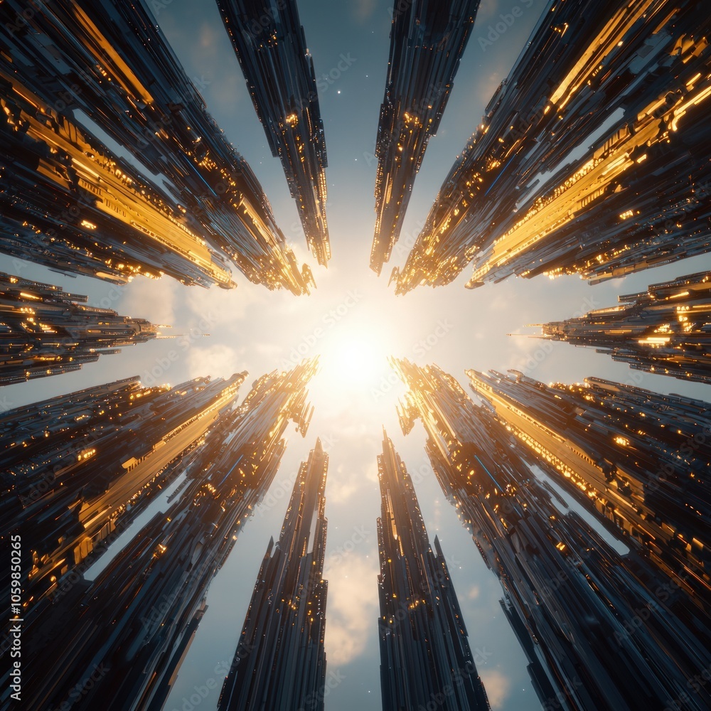 Poster exploring the futuristic skyline a journey through vertical structures and radiant light