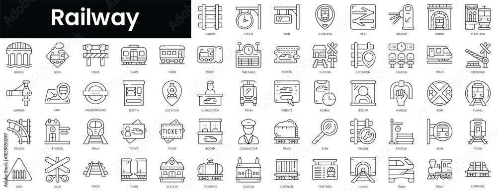Poster set of outline railway icons. minimalist thin linear web icon set. vector illustration.