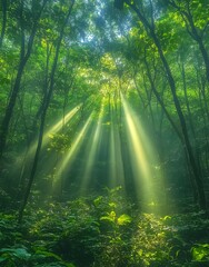 Obraz premium Sunlight streams through a dense forest, illuminating the lush greenery below.