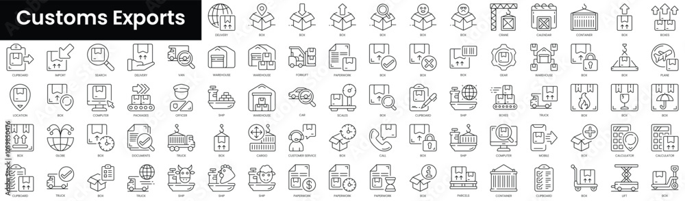 Poster set of outline customs exports icons. minimalist thin linear web icon set. vector illustration.
