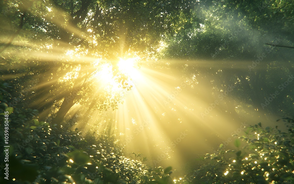 Poster sunlight streams through a lush forest, creating a serene and tranquil atmosphere.