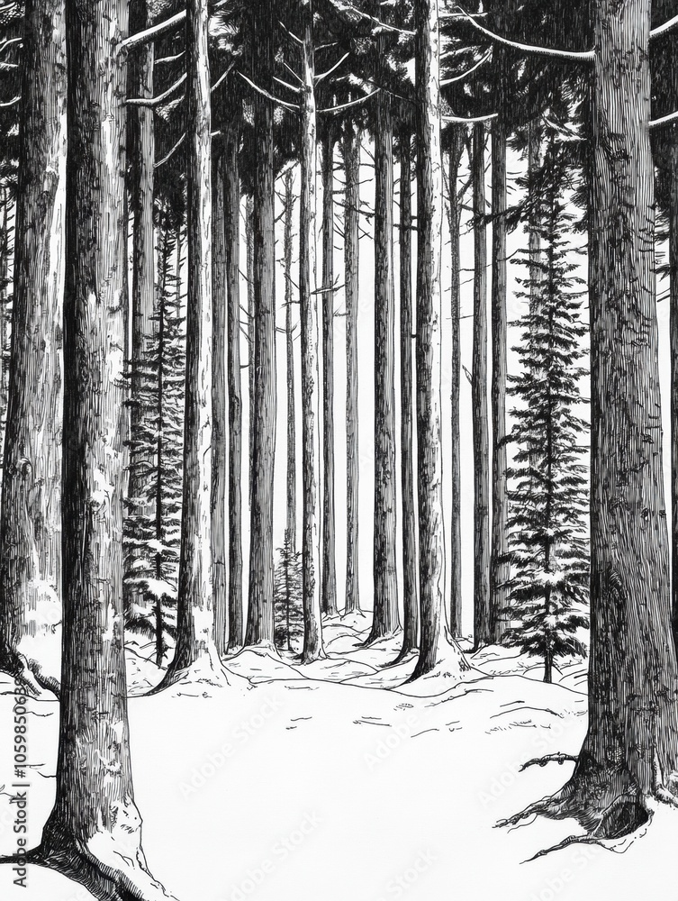 Poster A detailed sketch presents a dense forest filled with intricate trees, casting shadows in a tranquil winter landscape. Generative AI