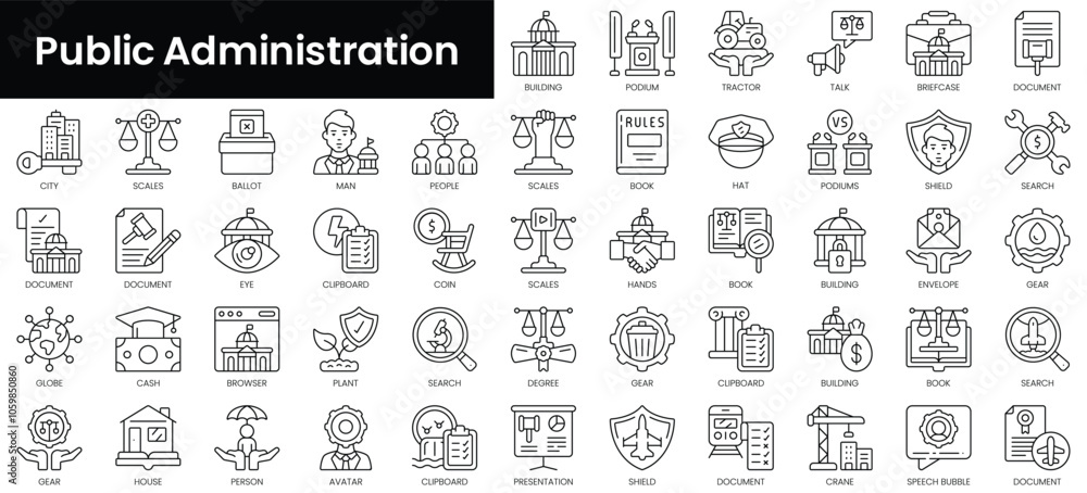Aufkleber set of outline public administration icons. minimalist thin linear web icon set. vector illustration