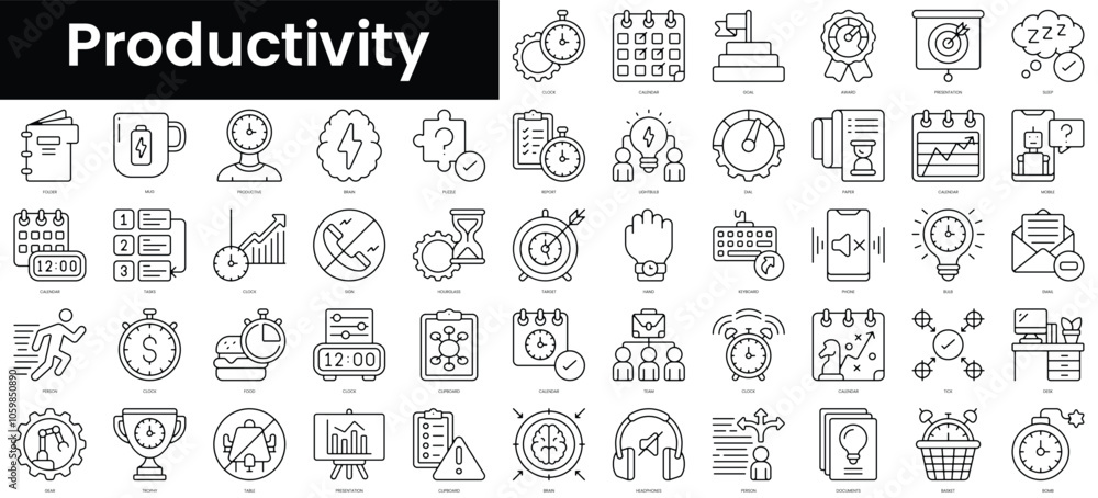 Poster set of outline productivity icons. minimalist thin linear web icon set. vector illustration.