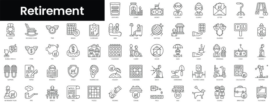 Set of outline retirement icons. Minimalist thin linear web icon set. vector illustration.