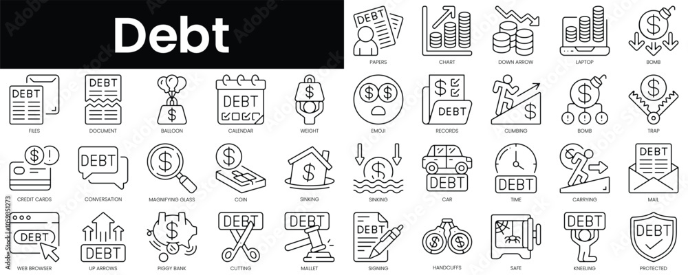 Poster set of outline debt icons. minimalist thin linear web icon set. vector illustration.