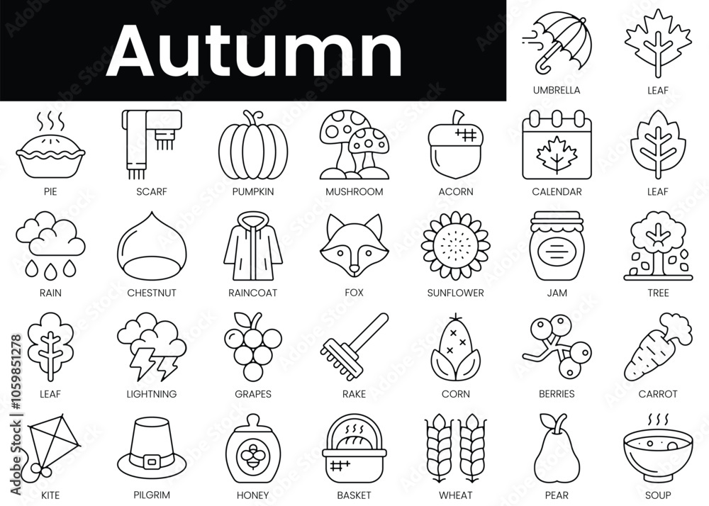 Poster set of outline autumn icons. minimalist thin linear web icon set. vector illustration.