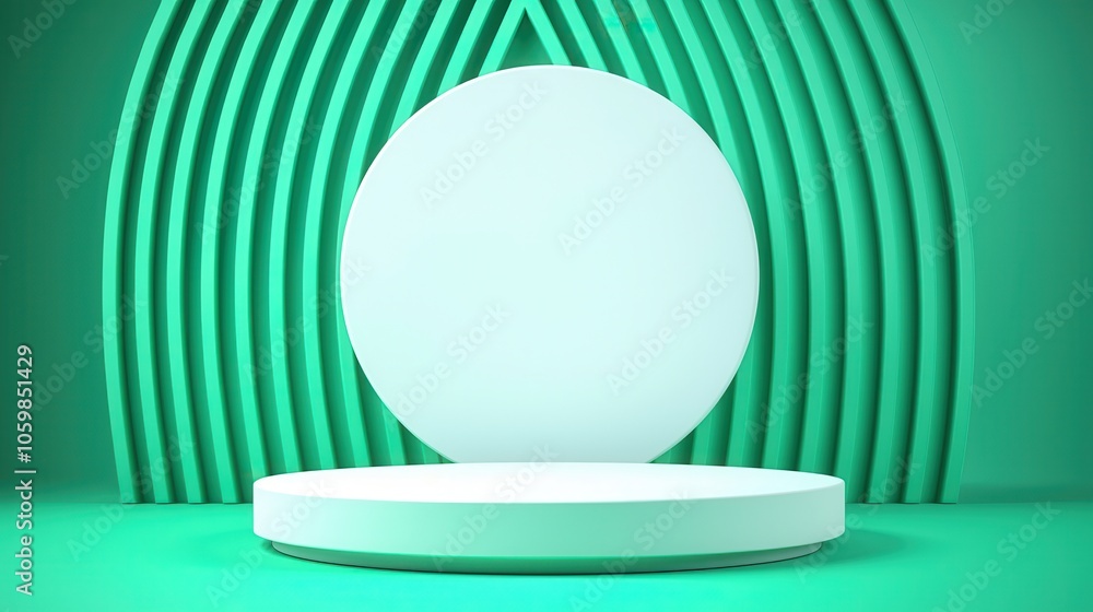 Poster minimalistic promotional display stand with green background and circular platform.